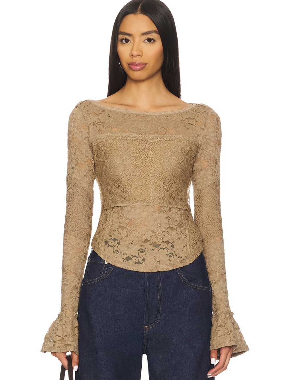 Free People Taupe Lace Peplum Long-Sleeve Top